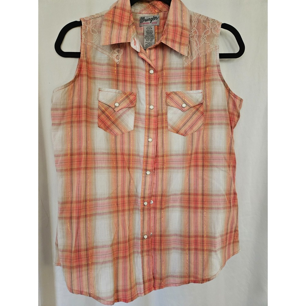 Wrangler Pearl Snap Button Down Plaid Sleeveless Lace Women's Size Med Top